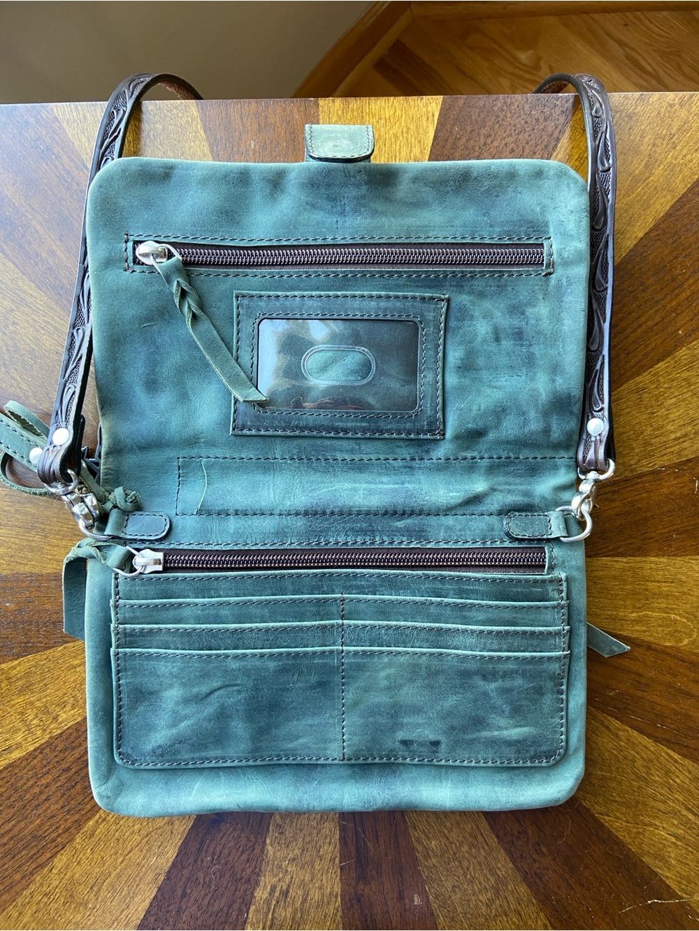 Green Suede Crossbody with Tooled Brown Leather Accent - Picture 2 of 3
